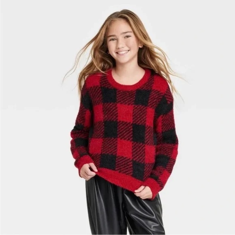Red and Black Plaid Fuzzy Sweater